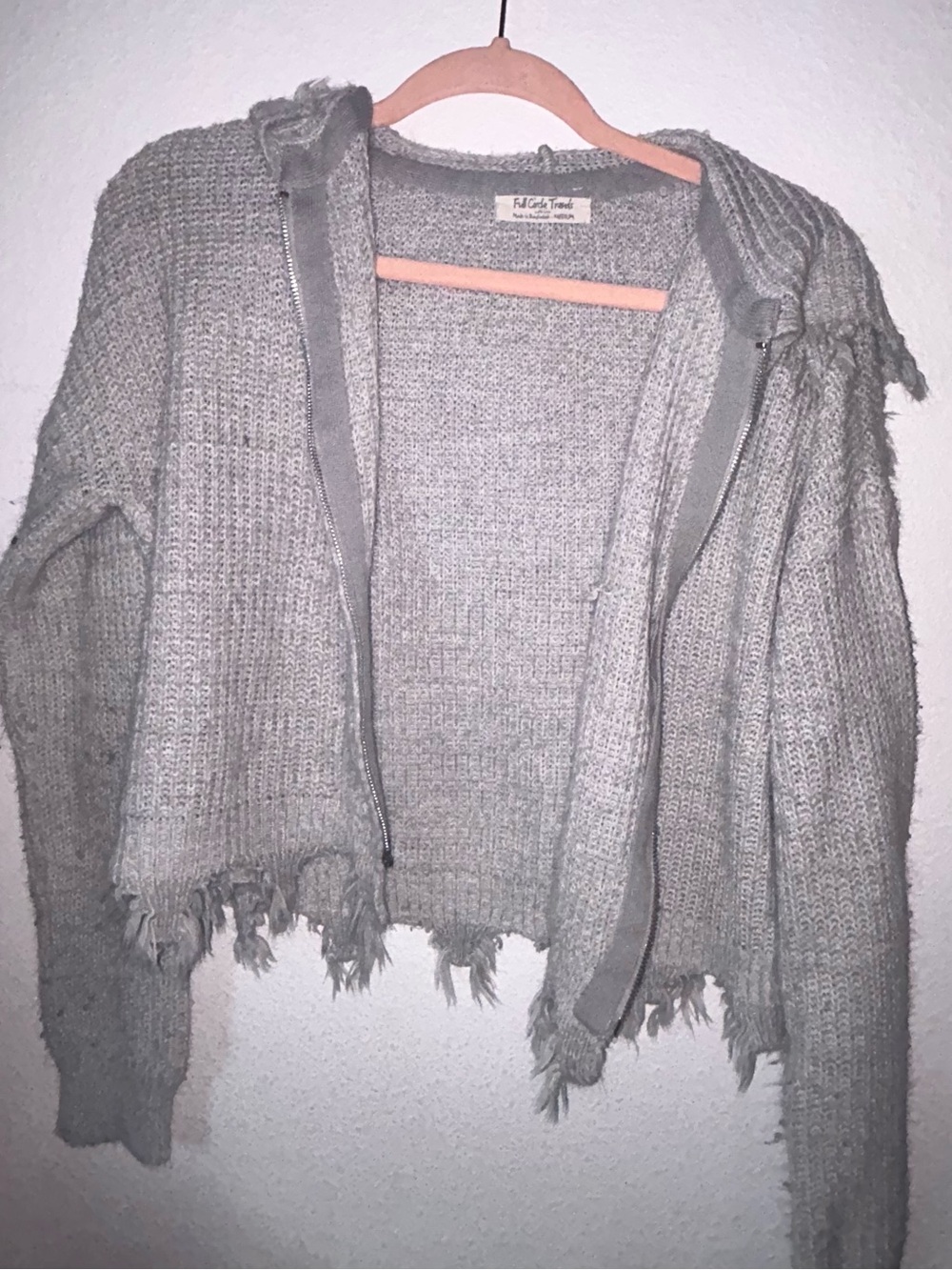 Women’s Light Gray Distressed Knit Zip Cropped Hoodie